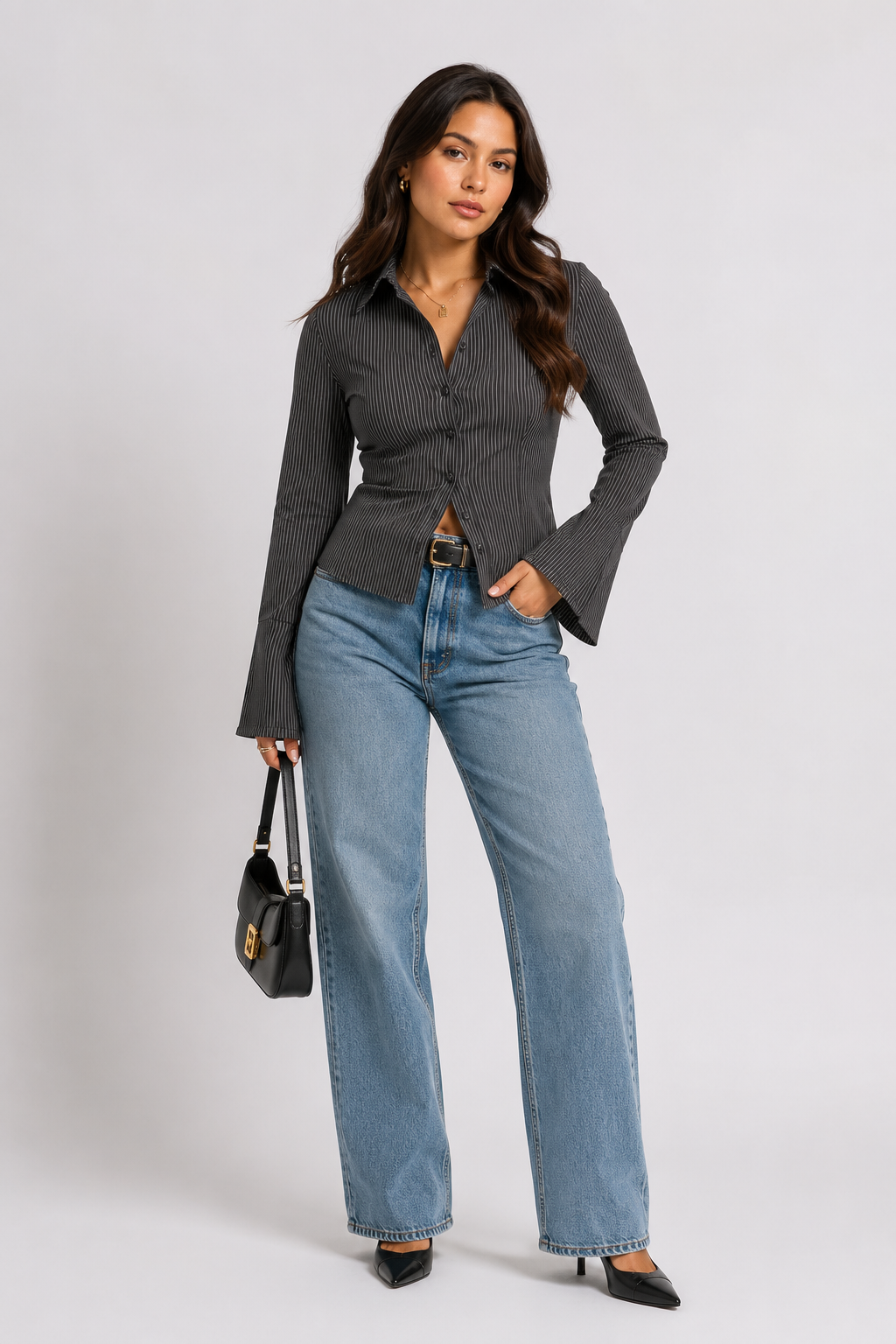 Marielle Pinstripe Flare Sleeve Shirt