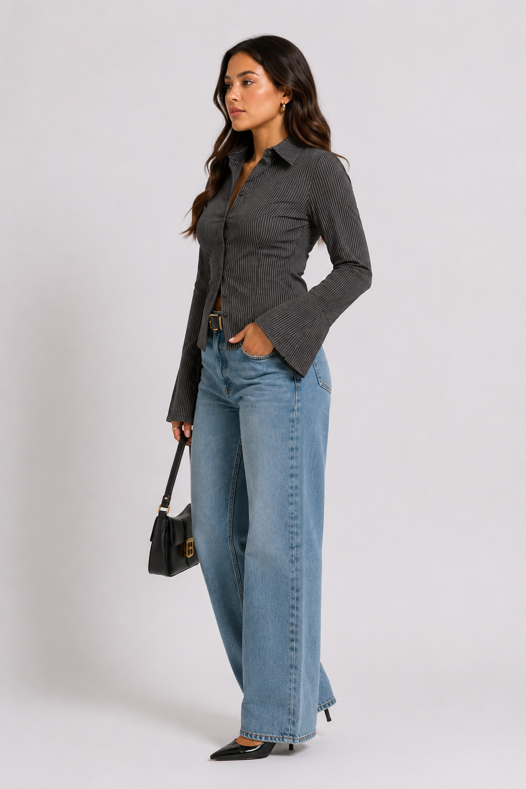 Marielle Pinstripe Flare Sleeve Shirt